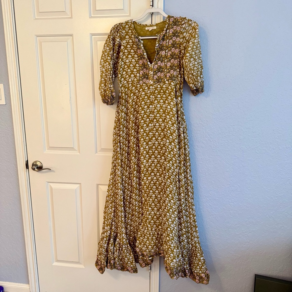 Marea Goldenrod House Dress (cotton voile fabric, floral block print)